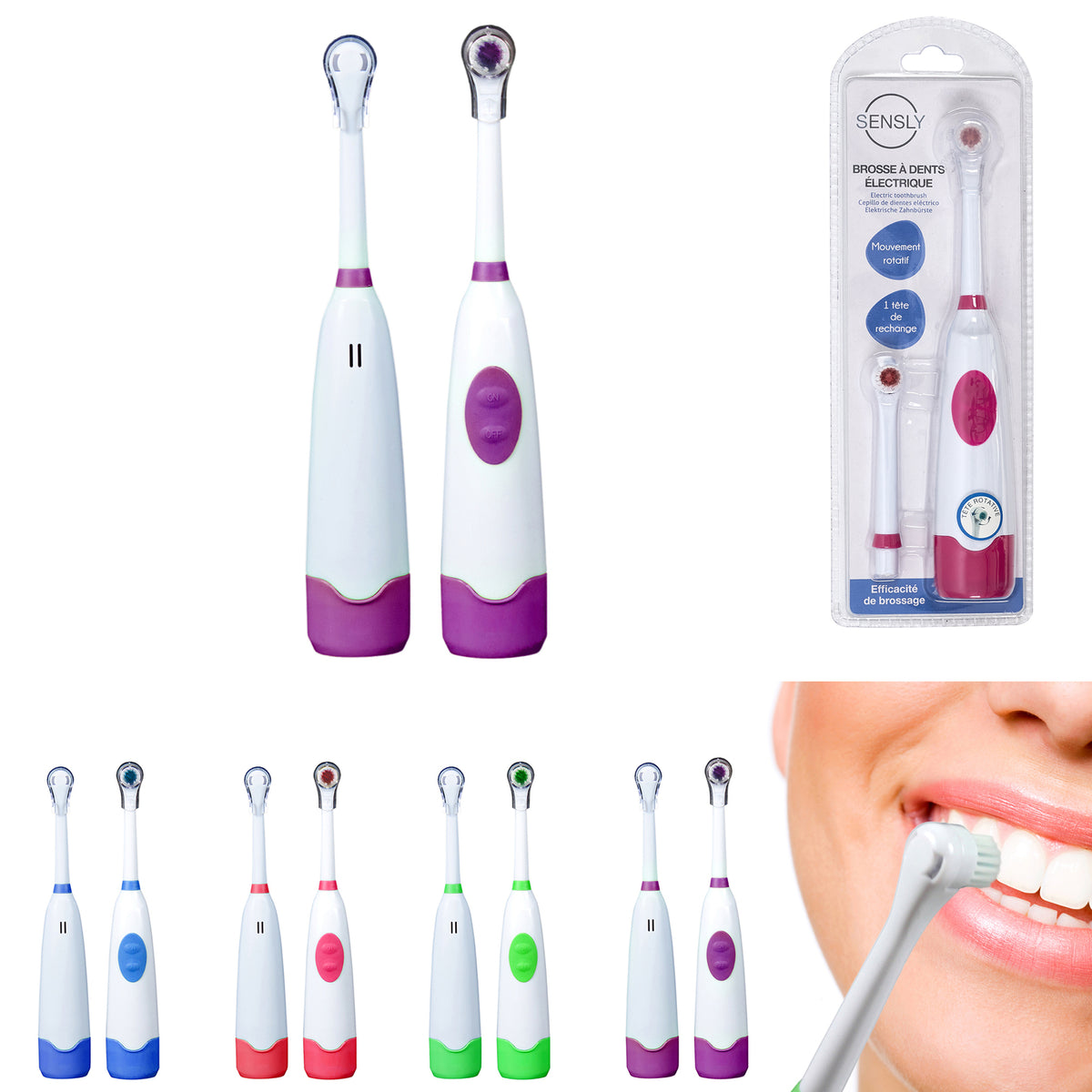 SENSLY battery-operated electric toothbrush for adults, assorted colours.
