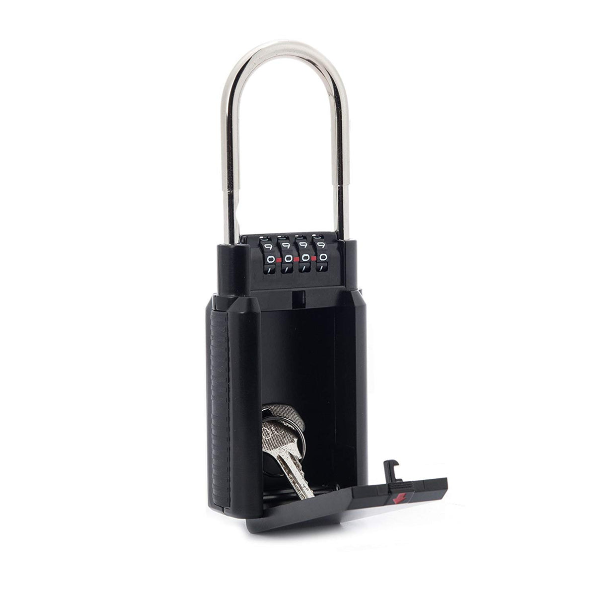 Black combination lock password key storage box, alternative view.