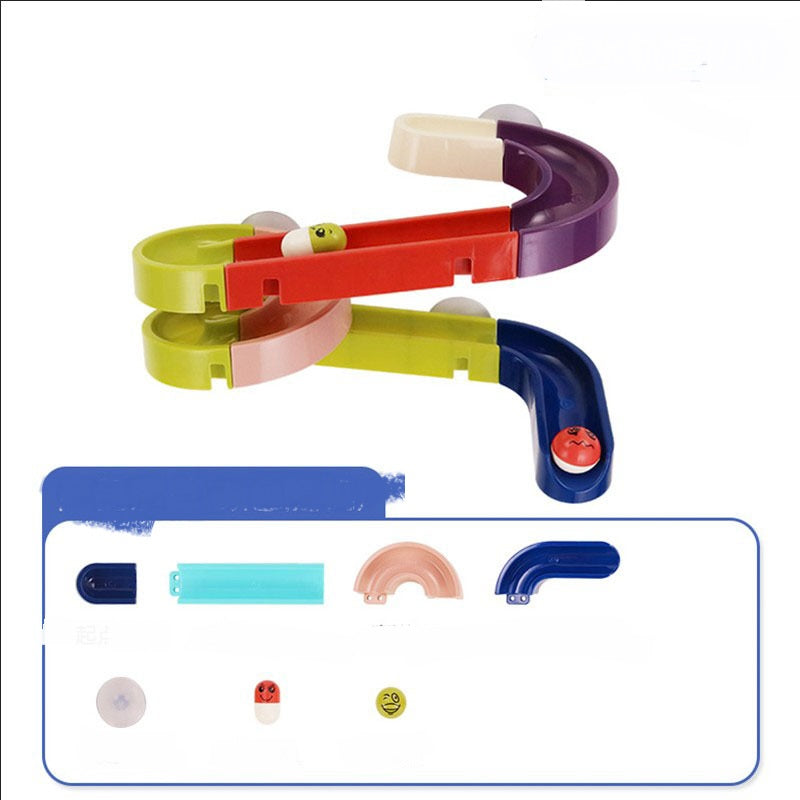 Marble run play set with suction cups for mounting on a wall, alternative view.