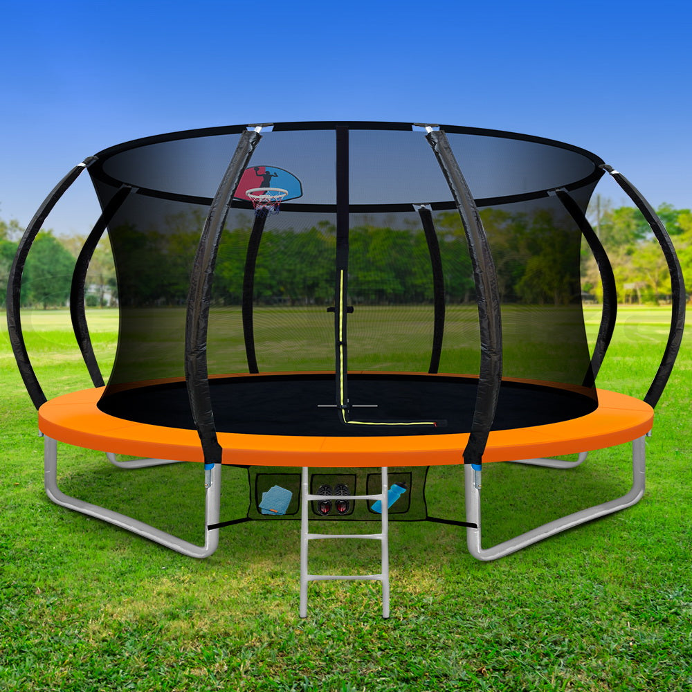 Everfit 12FT Trampoline Round Trampolines With Basketball Hoop Kids Enclosure Safety Net Pad Outdoor Orange