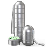 Aluminium alloy travel pill box with separate compartments, alternative view.