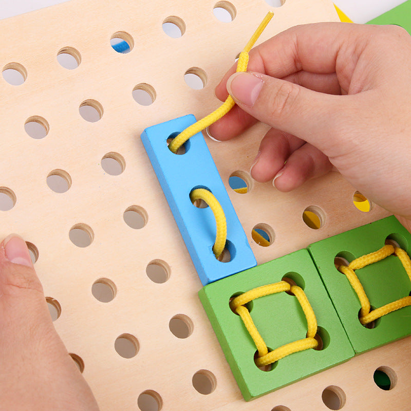 Fun Geometry Blocks Wooden Thread Board Jigsaw Toy Lacing Up