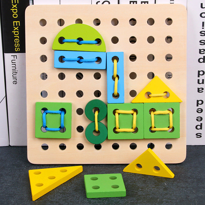 Fun Geometry Blocks Wooden Thread Board Jigsaw Toy Lacing Up